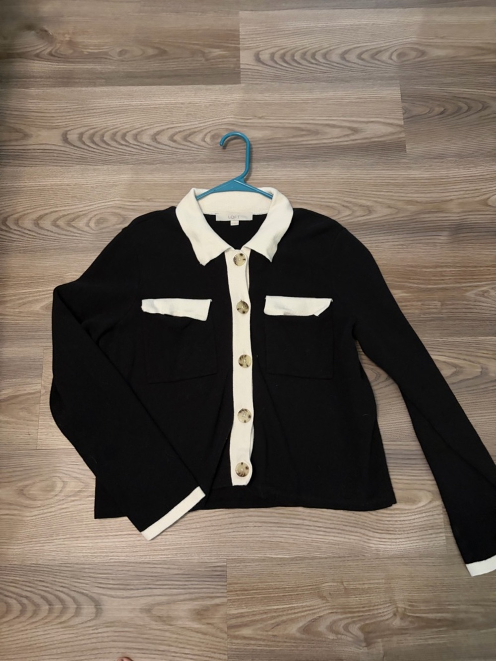 LOFT Black Knit Jacket with White Trim and Buttons